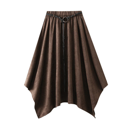 High Waist Suede Skirt With Belt And Asymmetrical Hem