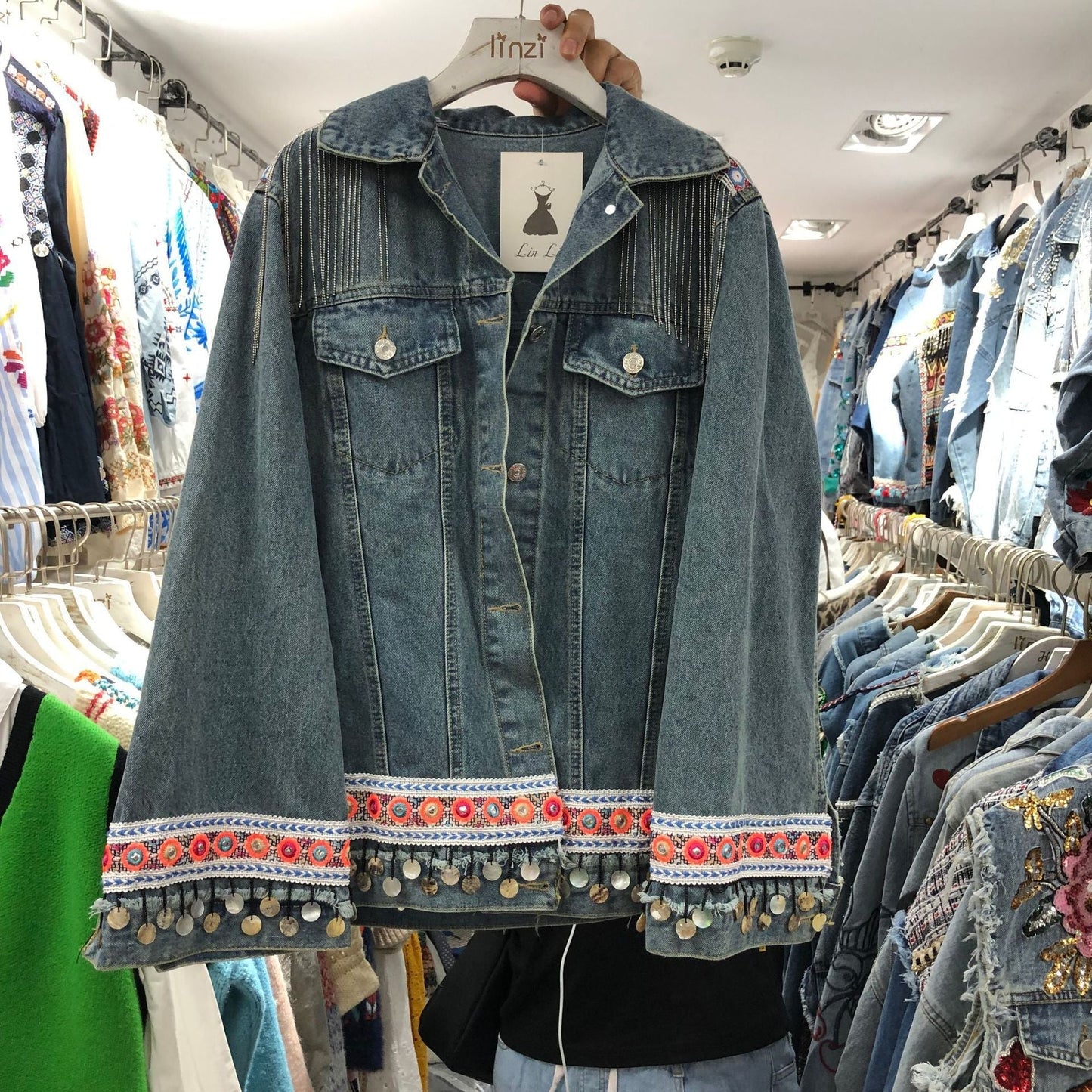 National Wind Thai Heavy Duty Embroidery Stitching Flow Su Loose Long-Sleeved Denim Jacket