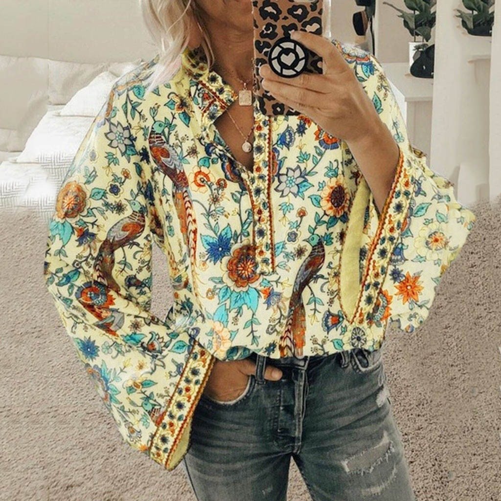 Women'S Loose Long Sleeve Printed Stand Up Collar Single Breasted Shirt