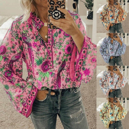 Women'S Loose Long Sleeve Printed Stand Up Collar Single Breasted Shirt