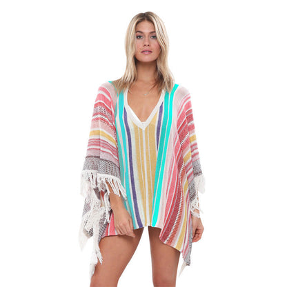 Sunscreen Beach  Women'S Knitting Multi-Color Tassel Beach Holiday Bikini Swimsuit Cover Up
