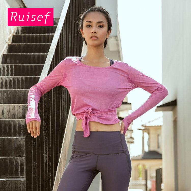 Open Back Knot Long Sleeve Women'S Running Fitness Suit T-Shirt Back Yoga Top