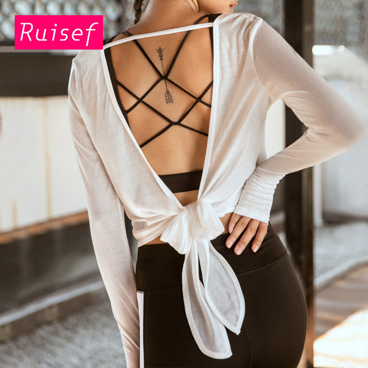 Open Back Knot Long Sleeve Women'S Running Fitness Suit T-Shirt Back Yoga Top