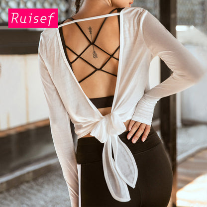 Open Back Knot Long Sleeve Women'S Running Fitness Suit T-Shirt Back Yoga Top