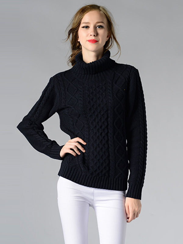 Casual 5 Colors Jacquard High-Neck Long Sleeves Sweater Top