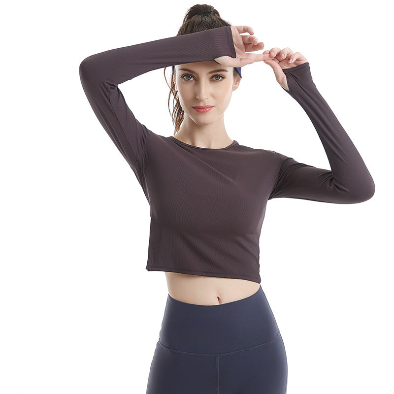 Fitness Suit Women'S Sports Running Yoga Top Quick Dry Breathable Rib Yoga Long Sleeve T-Shirt