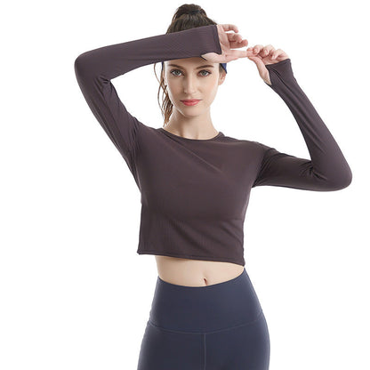 Fitness Suit Women'S Sports Running Yoga Top Quick Dry Breathable Rib Yoga Long Sleeve T-Shirt