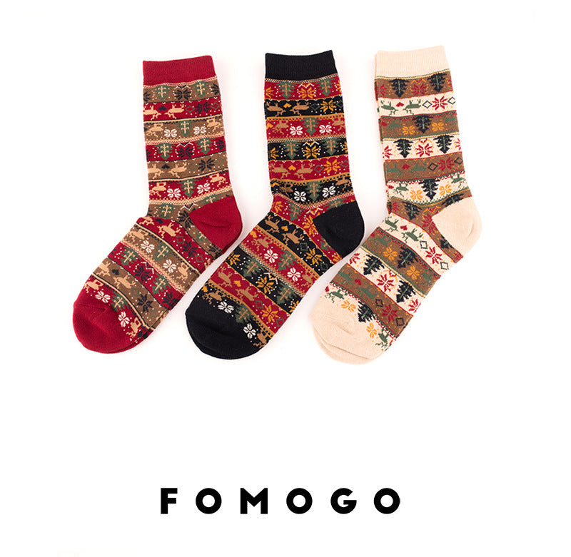 Retro Ethnic Women'S Socks And The Deer Snowflake Cotton Socks
