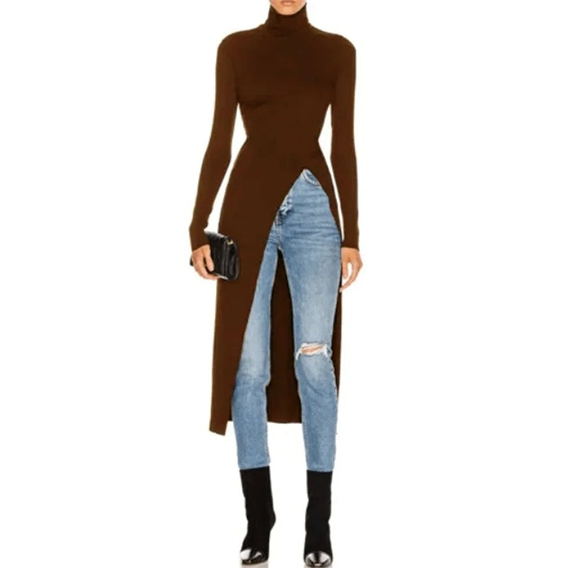 Skinny Solid Color Split-Side High-Neck T-Shirts Tops