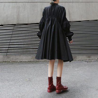 Loose Personality Fashion Pleated Stand Collar Lantern Sleeve Solid Color Irregular Dress