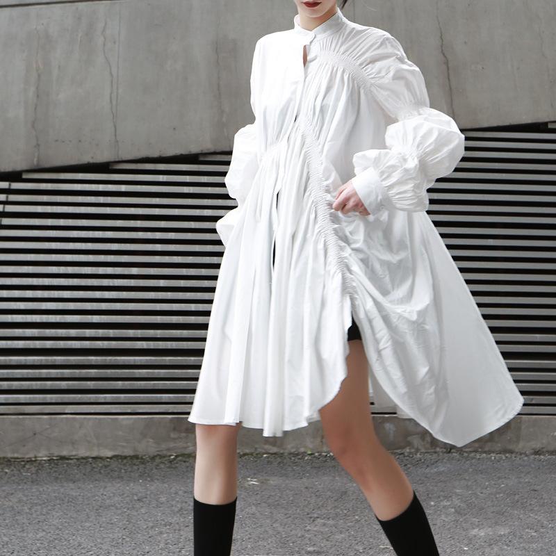 Loose Personality Fashion Pleated Stand Collar Lantern Sleeve Solid Color Irregular Dress