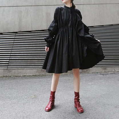 Loose Personality Fashion Pleated Stand Collar Lantern Sleeve Solid Color Irregular Dress