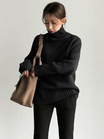 Loose Long Sleeves Solid Color High-Neck Sweater Tops