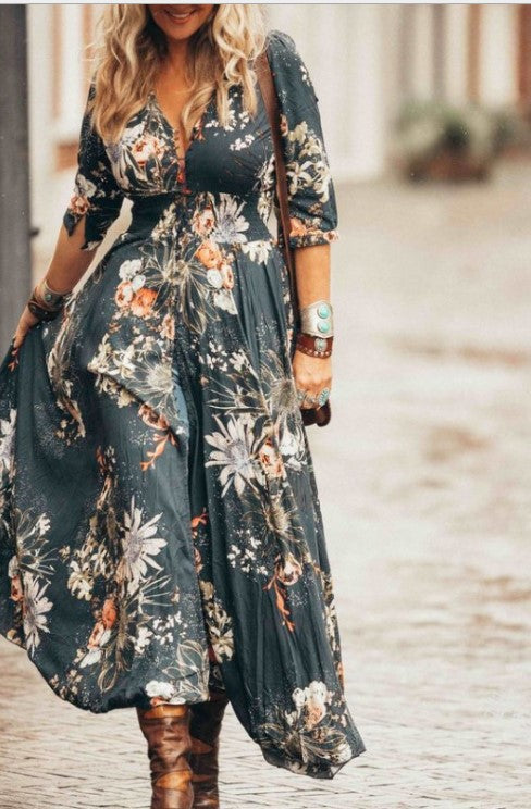 Womenswear Statement Print Design V-Neck Sexy Dress