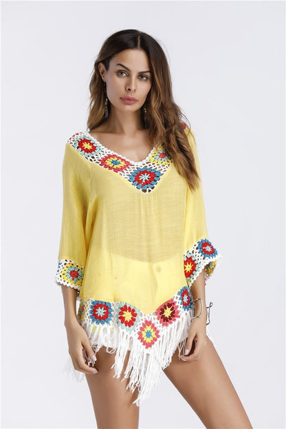 Bohemian Hook Crochet Large Size Bamboo Cotton Long Coat Yellow And White Color