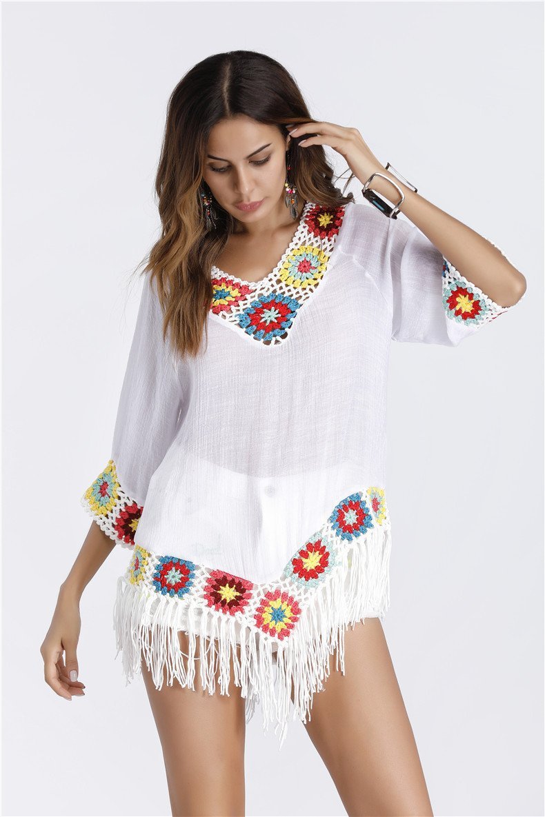 Bohemian Hook Crochet Large Size Bamboo Cotton Long Coat Yellow And White Color