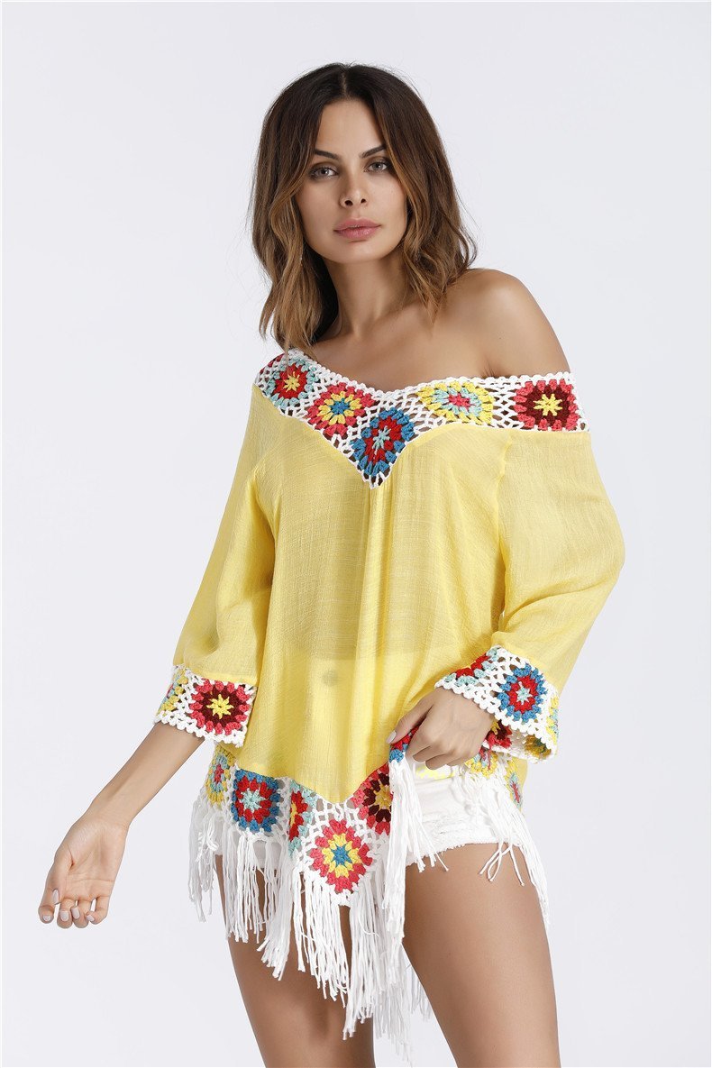 Bohemian Hook Crochet Large Size Bamboo Cotton Long Coat Yellow And White Color