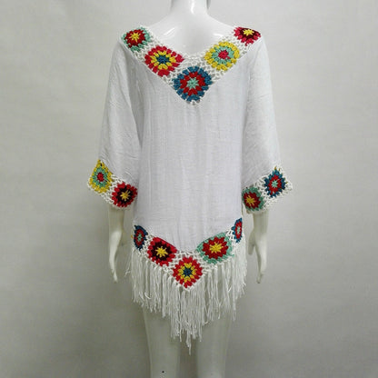 Bohemian Hook Crochet Large Size Bamboo Cotton Long Coat Yellow And White Color