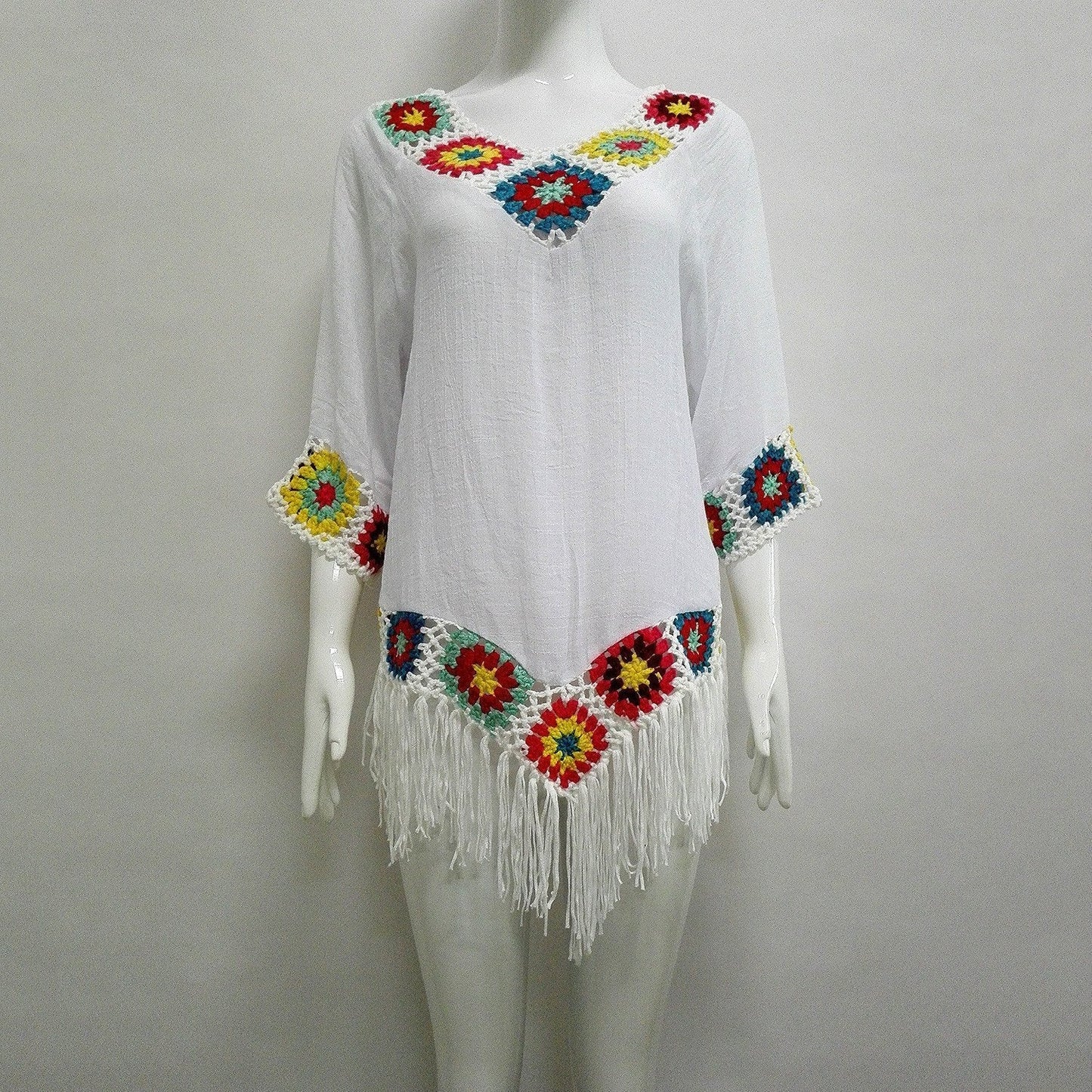 Bohemian Hook Crochet Large Size Bamboo Cotton Long Coat Yellow And White Color