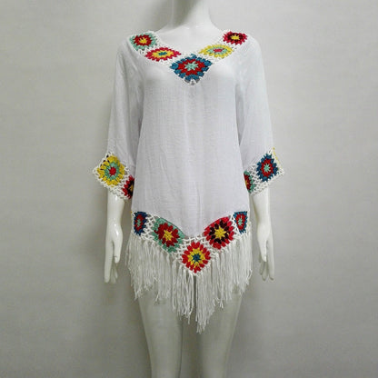 Bohemian Hook Crochet Large Size Bamboo Cotton Long Coat Yellow And White Color