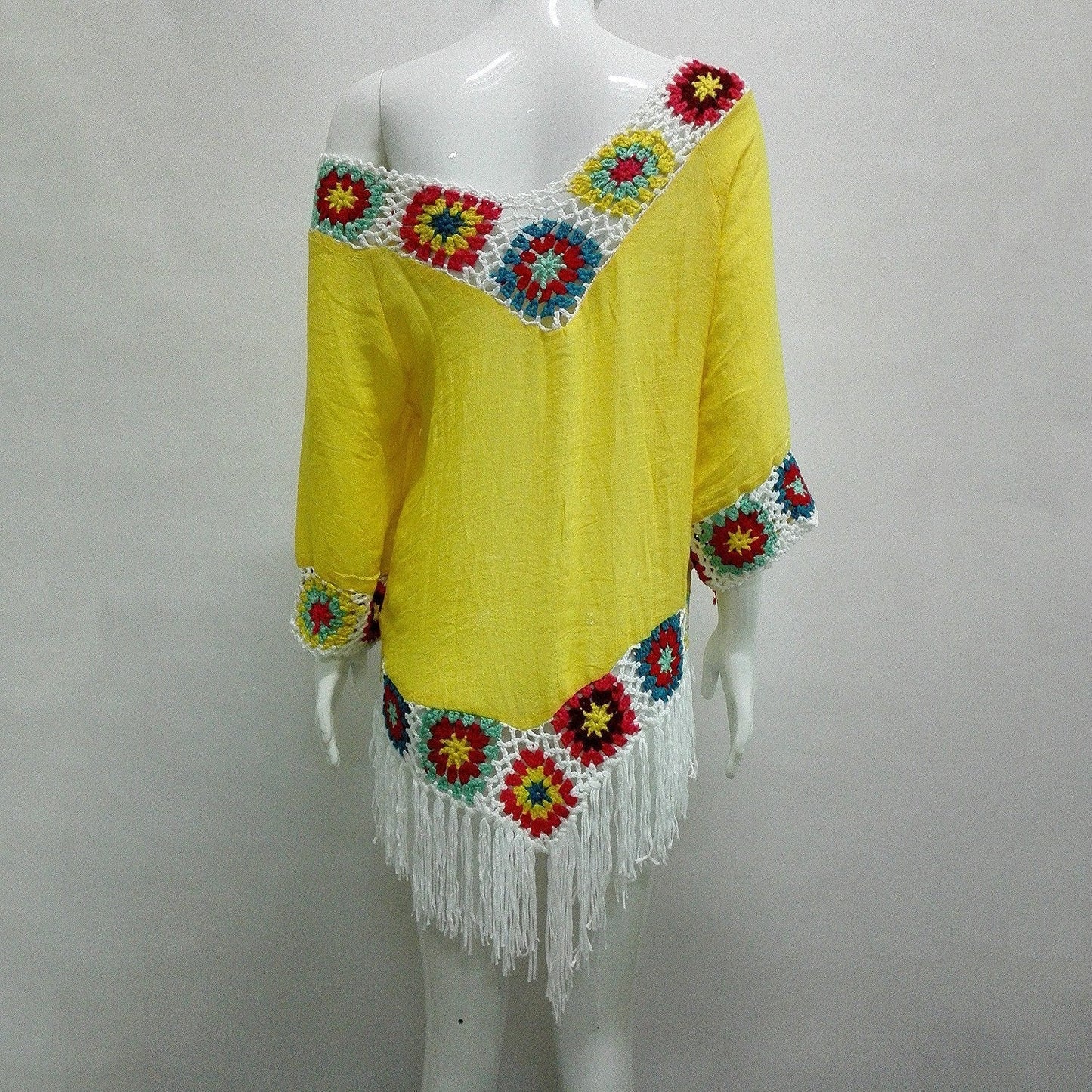 Bohemian Hook Crochet Large Size Bamboo Cotton Long Coat Yellow And White Color