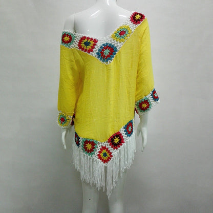 Bohemian Hook Crochet Large Size Bamboo Cotton Long Coat Yellow And White Color