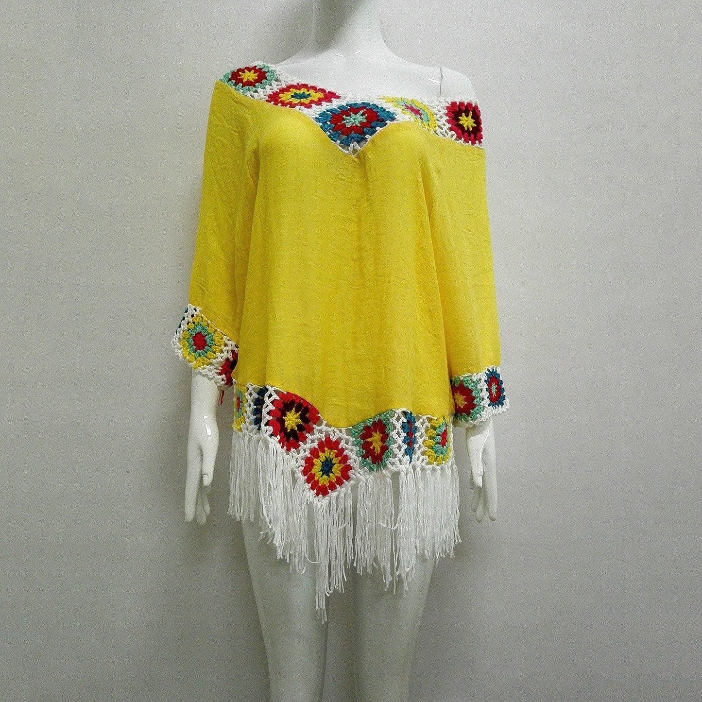 Bohemian Hook Crochet Large Size Bamboo Cotton Long Coat Yellow And White Color