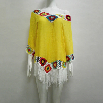 Bohemian Hook Crochet Large Size Bamboo Cotton Long Coat Yellow And White Color
