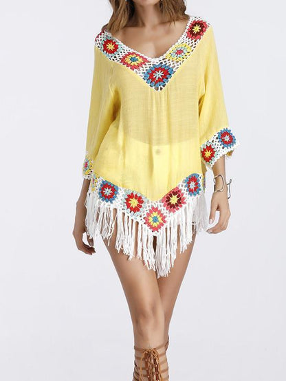 Bohemian Hook Crochet Large Size Bamboo Cotton Long Coat Yellow And White Color