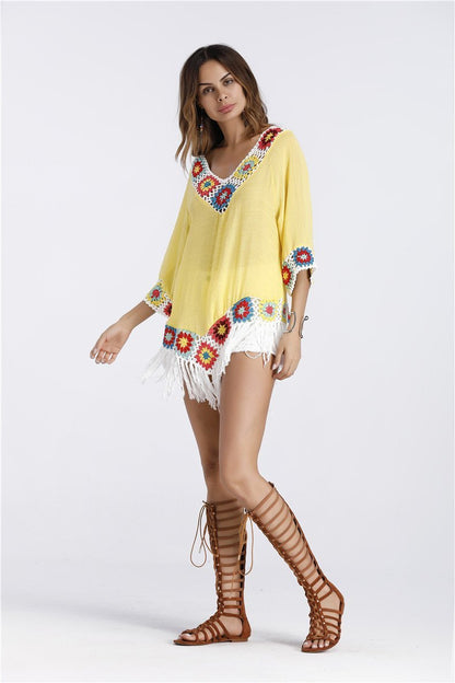 Bohemian Hook Crochet Large Size Bamboo Cotton Long Coat Yellow And White Color