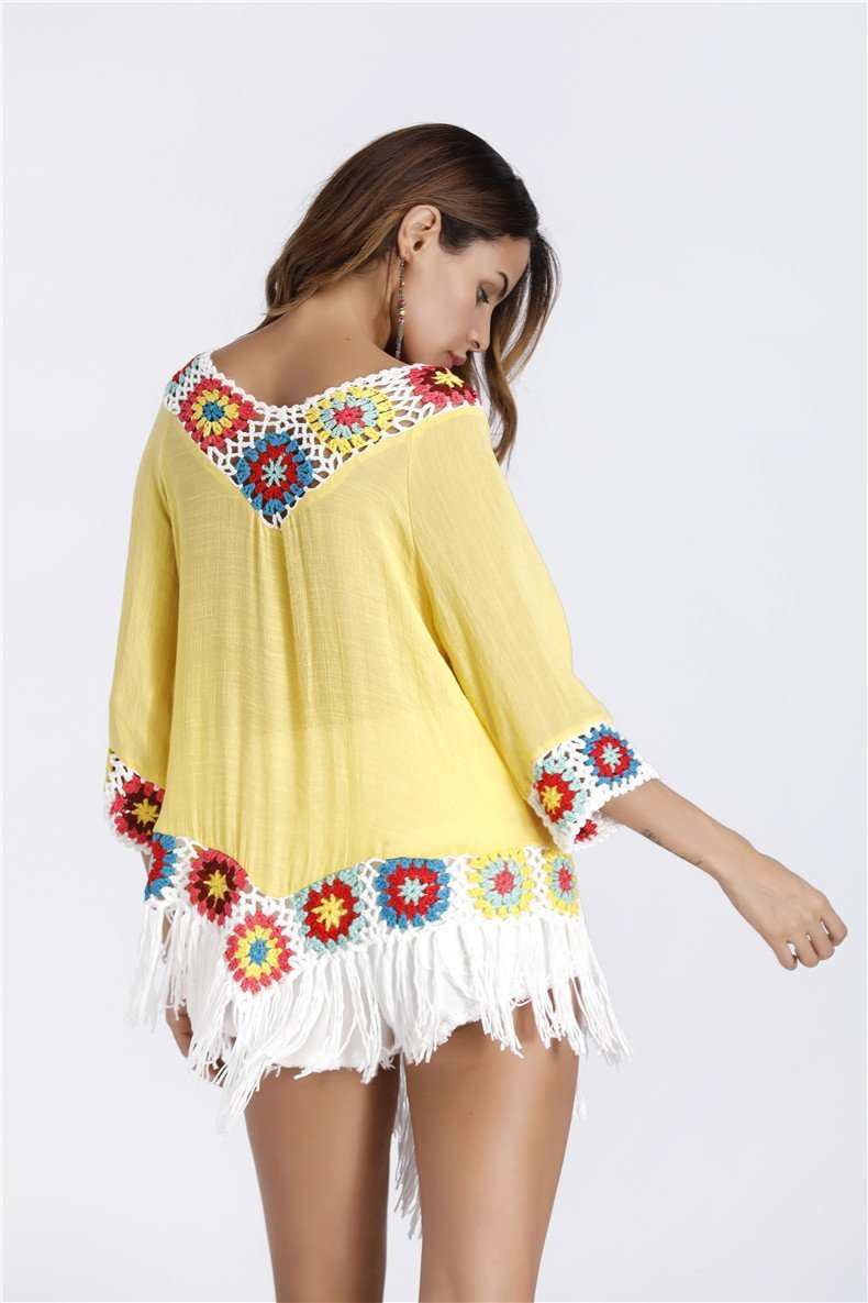 Bohemian Hook Crochet Large Size Bamboo Cotton Long Coat Yellow And White Color