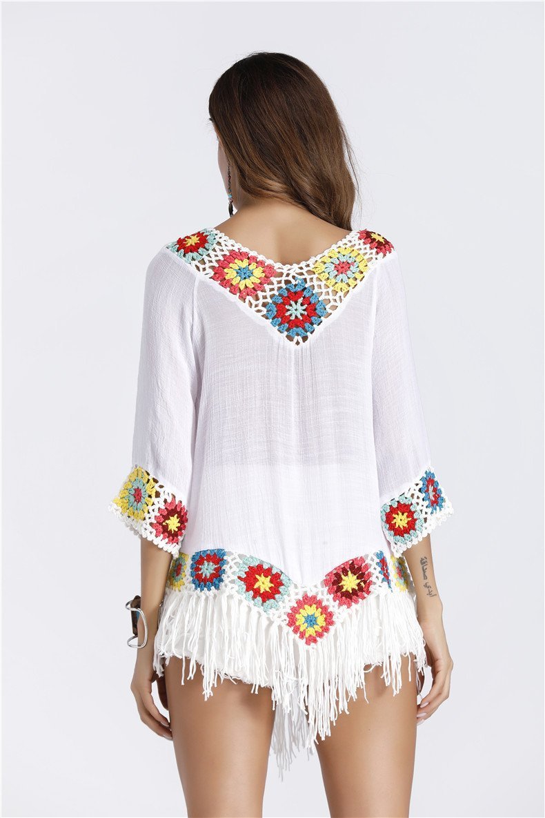 Bohemian Hook Crochet Large Size Bamboo Cotton Long Coat Yellow And White Color