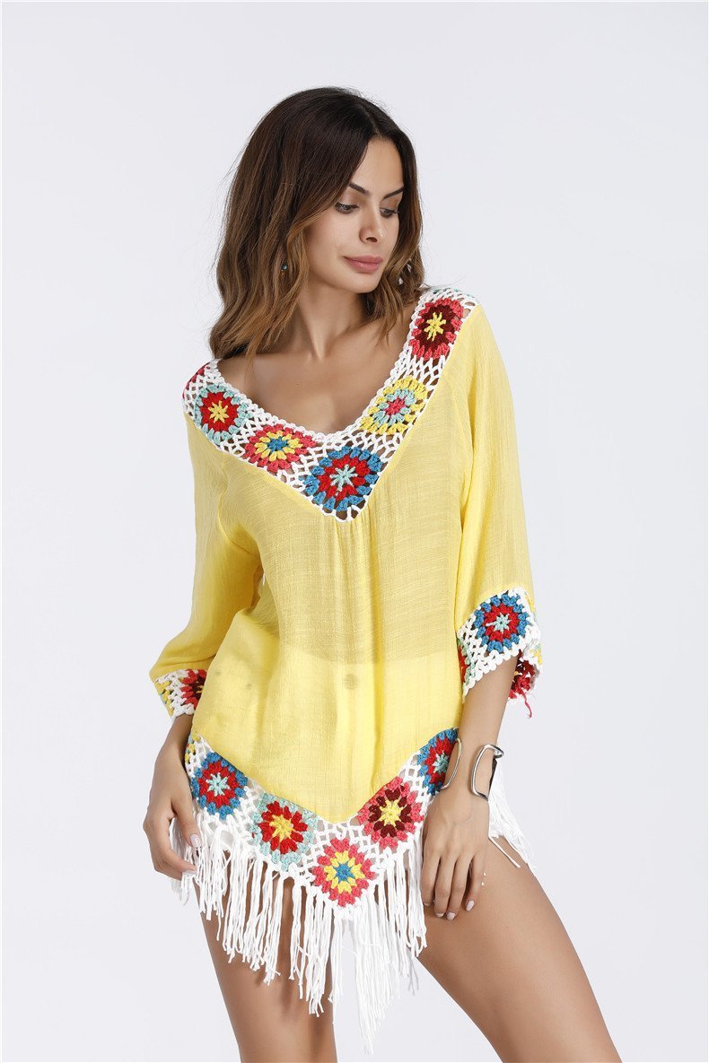 Bohemian Hook Crochet Large Size Bamboo Cotton Long Coat Yellow And White Color
