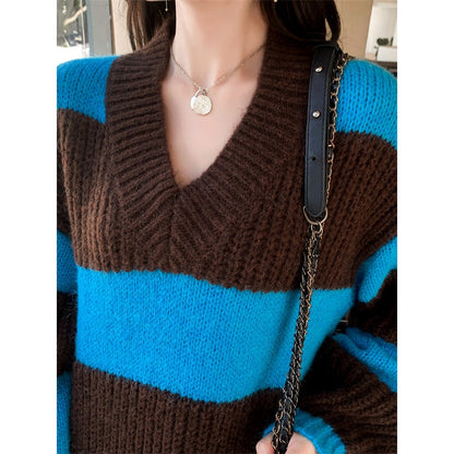 Stylish Loose Striped V-Neck Sweater Dresses