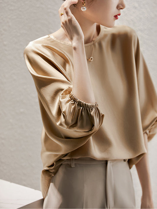Batwing Sleeves Solid Color Round-Neck Blouses&Shirts Tops