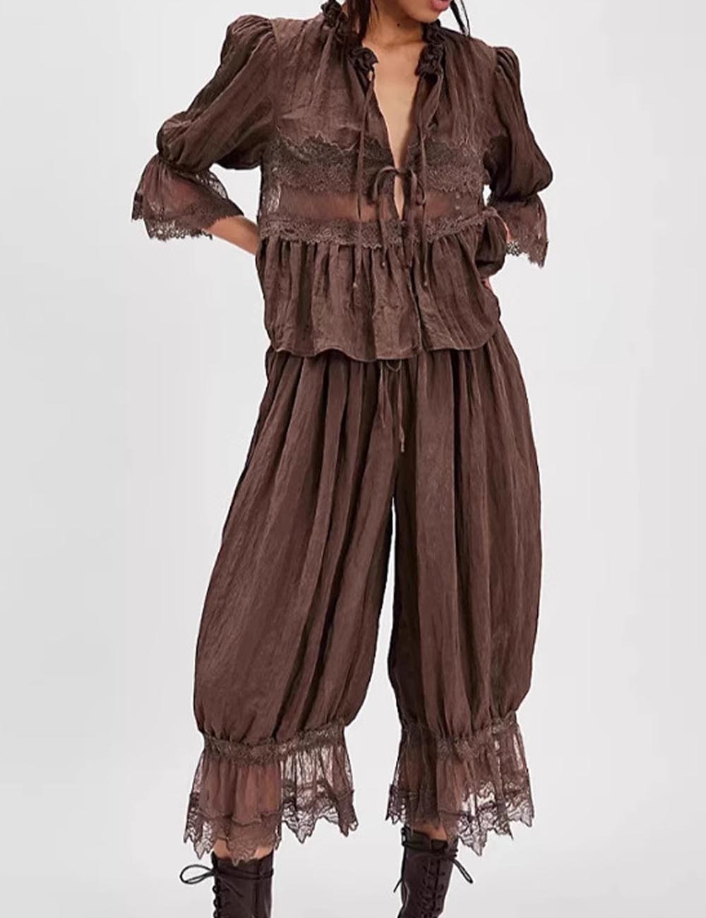 Hollow Lace Tie Front Sleepwear Pants