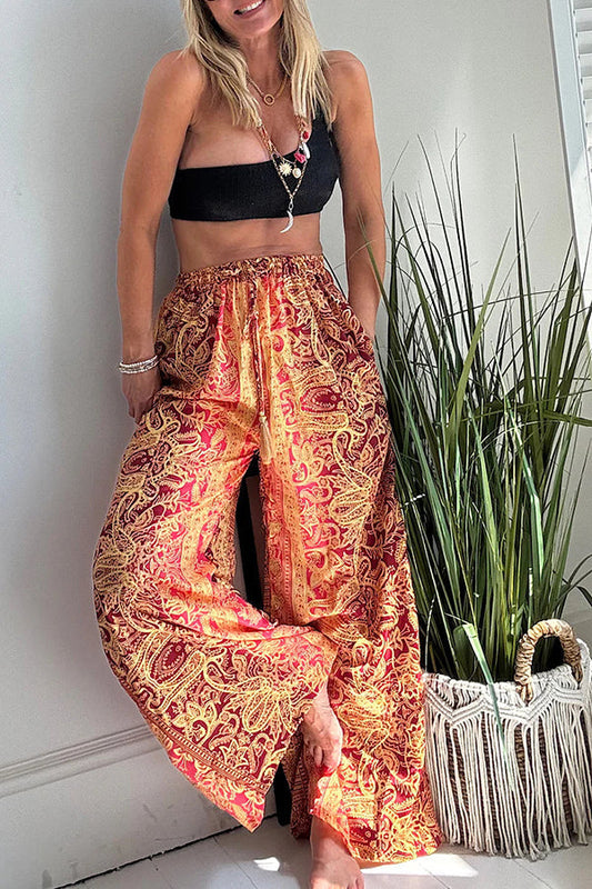 Vintage Boho Ethnic Print High Rise Elastic Drawstring Waist Pocketed Loose Pants