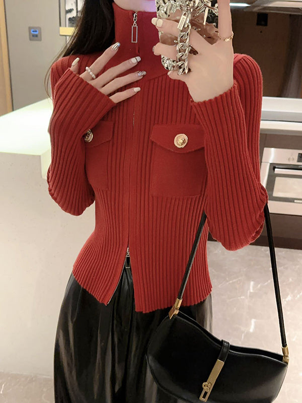 Solid Color Retro Pockets  Zipper Long Sleeves Stand Collar Sweater