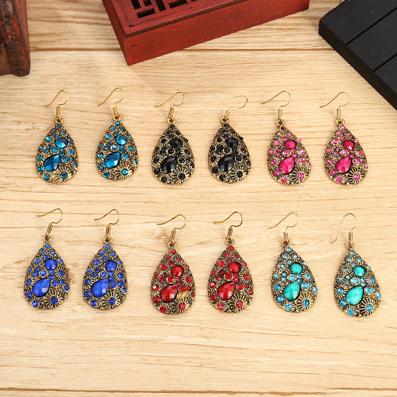 Creative Water Drop Gem Inlaid  Ancient National Style Earrings