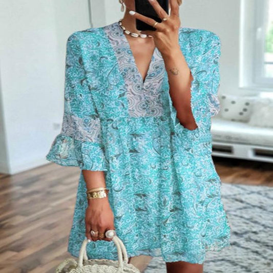New Style Loose Women'S Sleeved Chiffon Print Dress