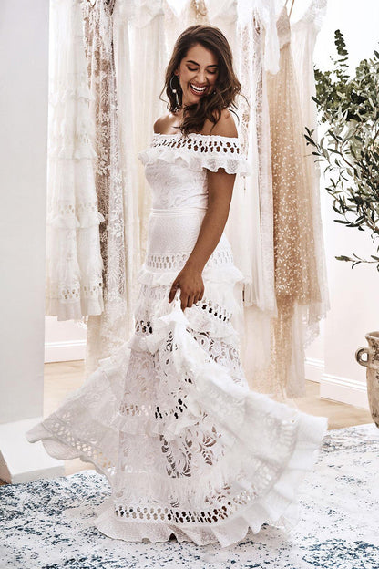 Women'S Lace One Shoulder Lotus Leaf Wedding Evening Party Dress