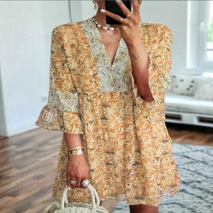 New Style Loose Women'S Sleeved Chiffon Print Dress