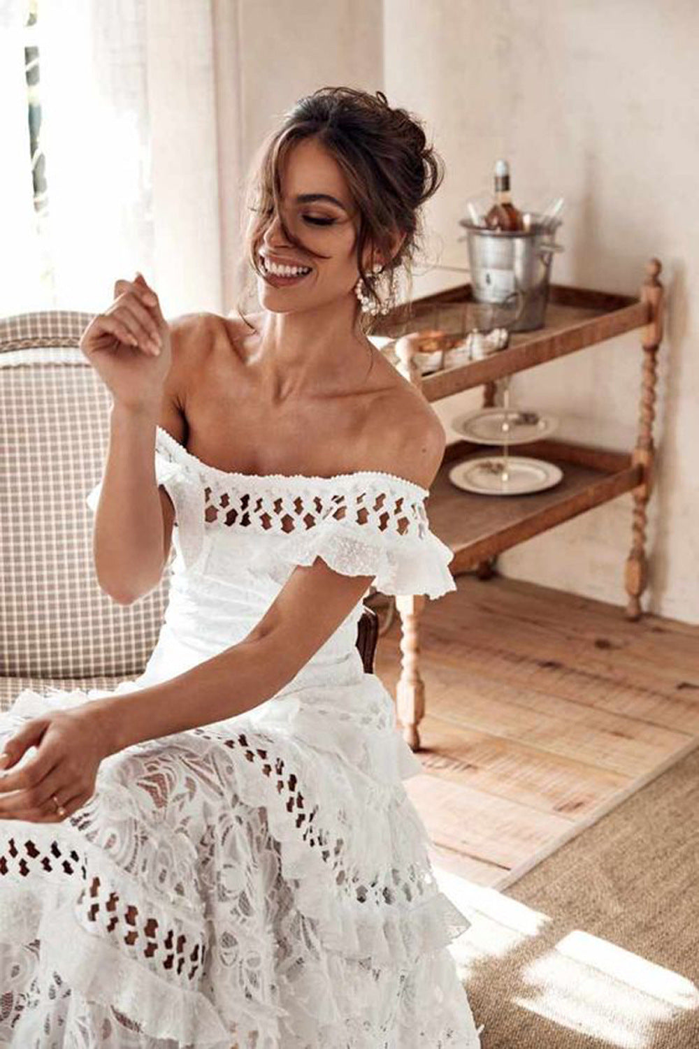 Women'S Lace One Shoulder Lotus Leaf Wedding Evening Party Dress