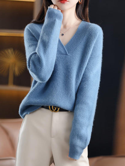 Loose Long Sleeves Solid Color V-Neck Sweater Tops