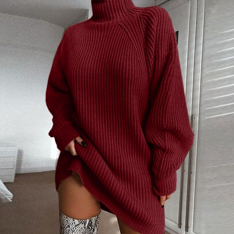 Knitwear Midi Raglan Sleeve Turtleneck Sweater Dress