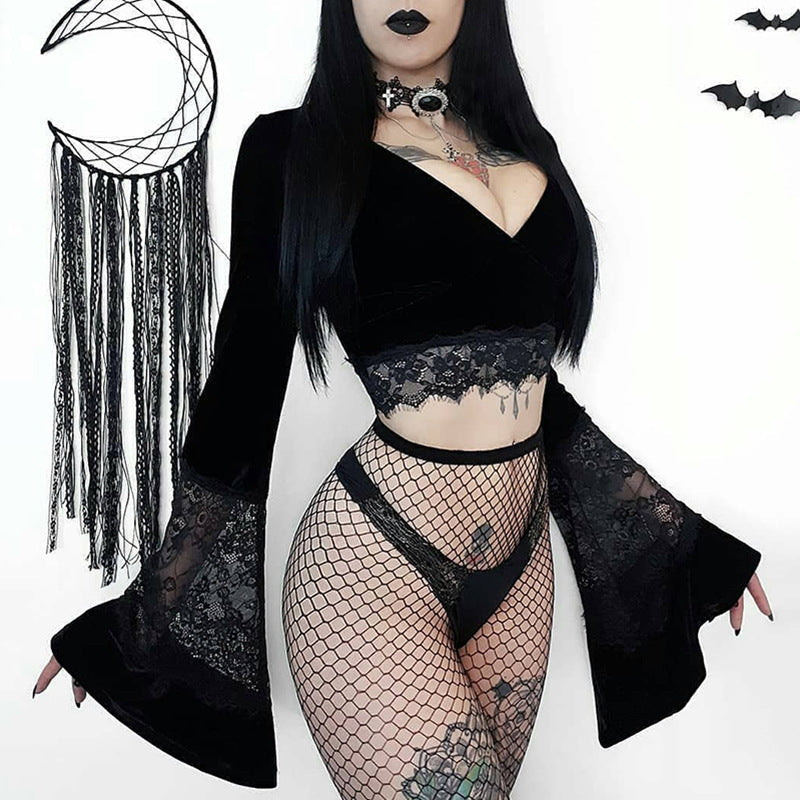 Sheer Crop Top With Lace Insert And Bell Sleeves