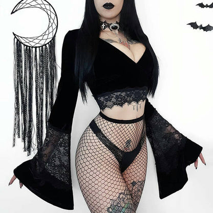 Sheer Crop Top With Lace Insert And Bell Sleeves