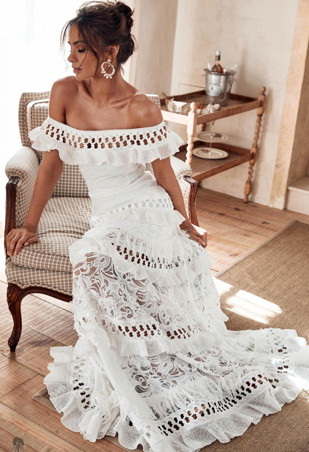 Women'S Lace One Shoulder Lotus Leaf Wedding Evening Party Dress