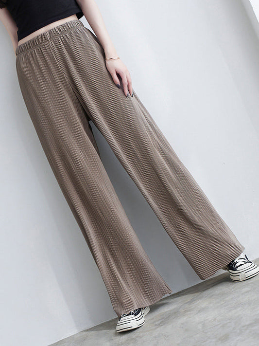 High Waisted Wide Leg Elasticity Pleated Solid Color Split-Joint Pants Trousers