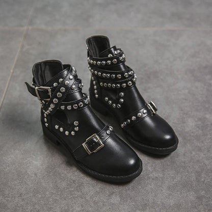 Round Head Stylish Metal Rivet Belt Buckle Martin Boots Women'S Boots.